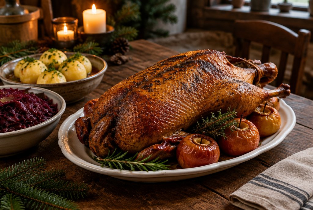 Symbolbild: eine goldbraun gebratene Gans auf einer Platte mit Bratäpfeln, daneben Rotkohl
und Klöße auf einem Holztisch mit Kerzen.