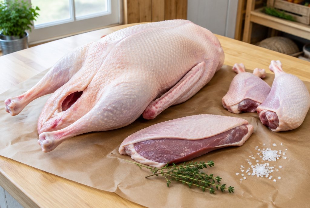 Symbolbild: eine frische, küchenfertige Gans auf Packpapier, daneben zwei Entenkeulen
und eine Entenbrust.