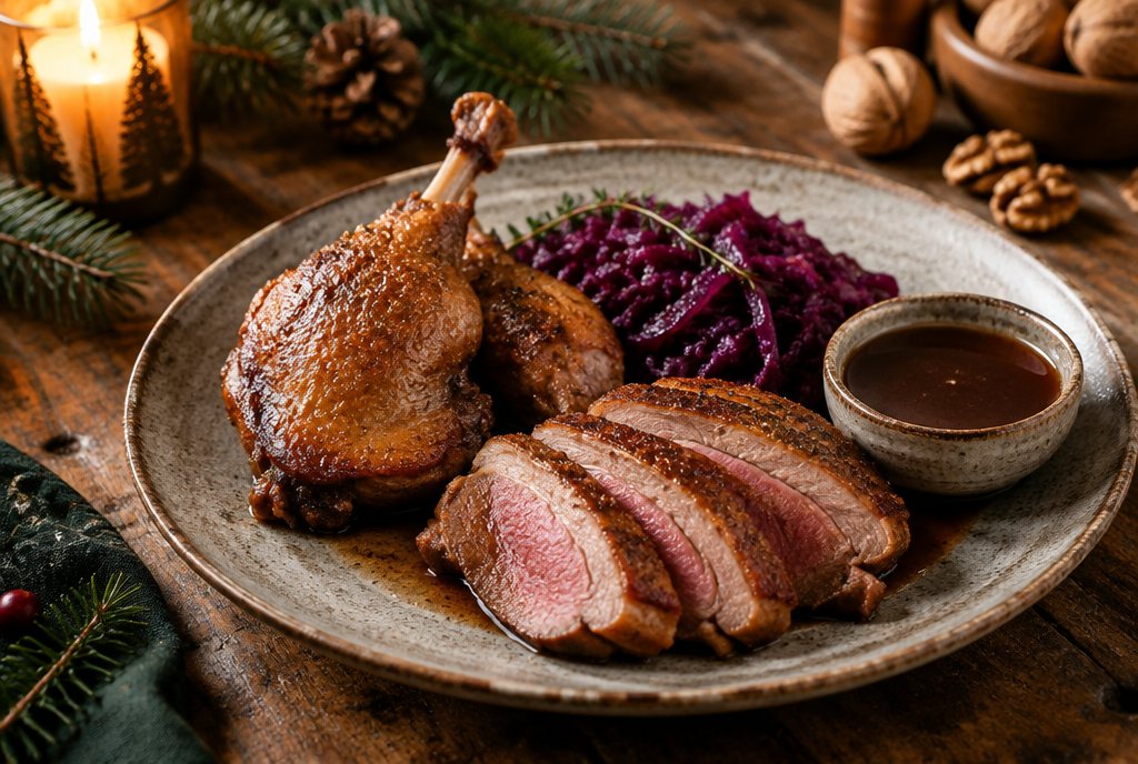 Symbolbild: gebratene Entenkeulen und aufgeschnittene Gänsebrust mit Rotkohl und Soße.